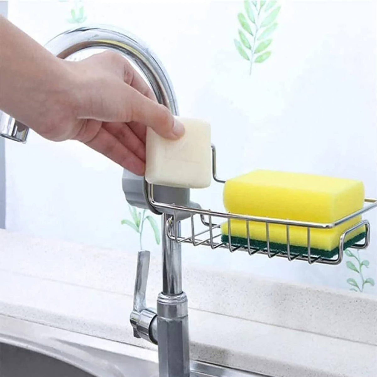 **Stainless Steel Sink Faucet Organizer – Kitchen Sponge Holder, Drain Rack & Soap Holder (Box Packing)**