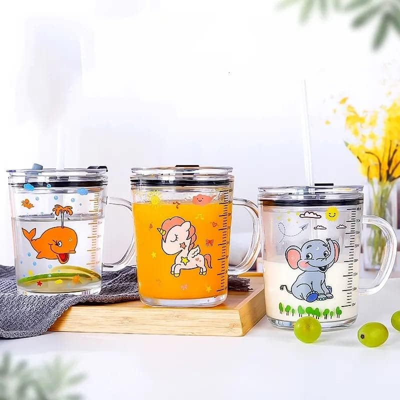 **Unicorn Shape 350ML Glass Mug with Straw & Lid – Creative Cartoon Glass Milk, Juice & Water Cup for Kids (1PC)**