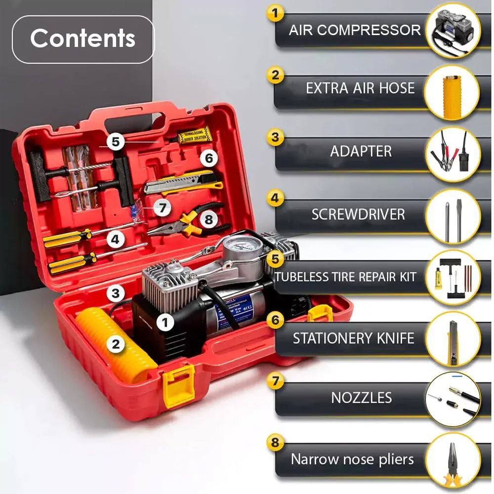 **Imported Double Cylinder 12V Portable Electric Car Air Pump & Tire Repair Kit – Powerful and Convenient for Emergency Use**