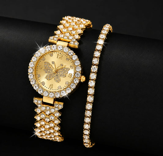 **Women's Butterfly Quartz Watch & Bracelet Set – Elegant Stylish Golden Fashion Accessory & Gift Set**