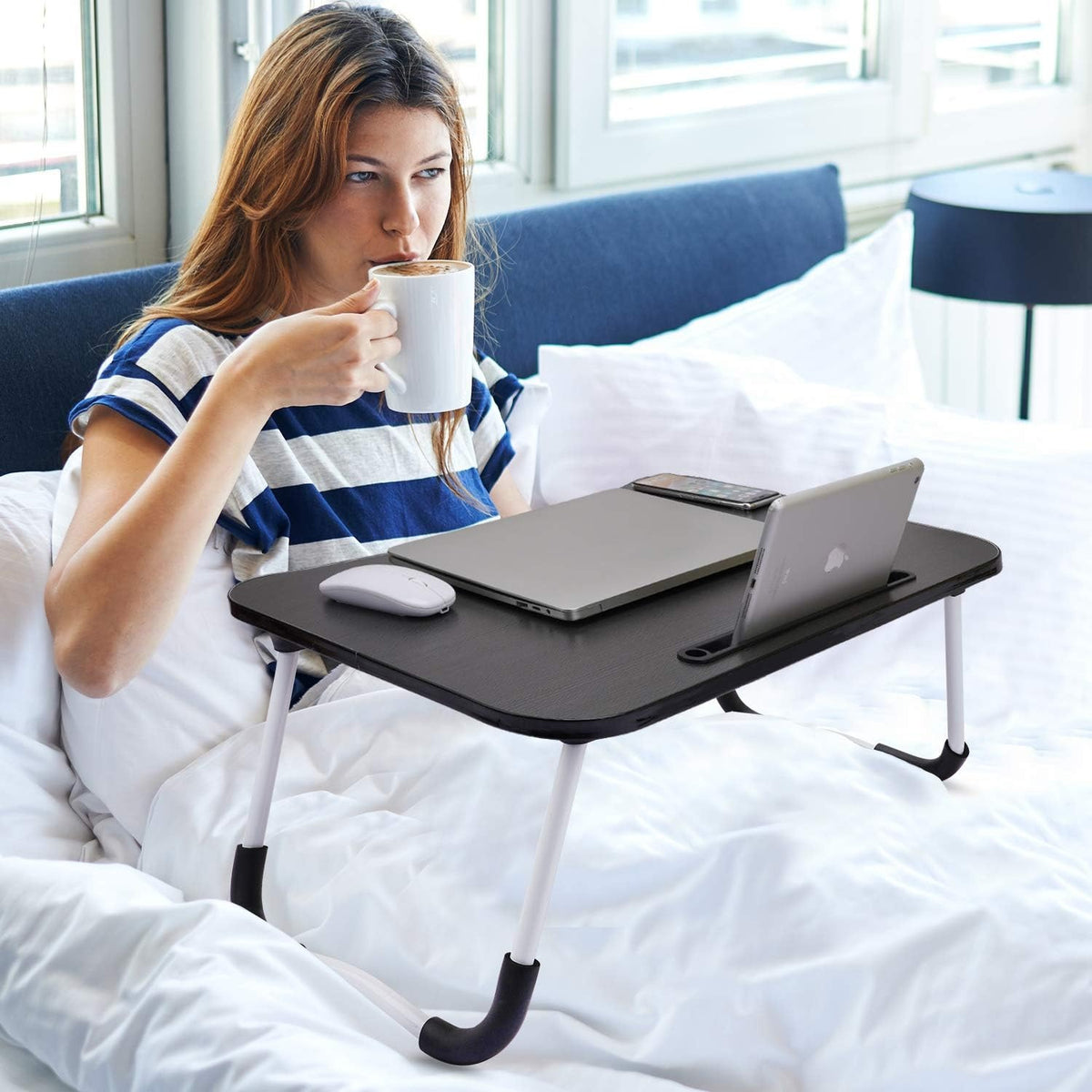 **T1 Foldable Laptop Table – Portable Desk with Foldable Legs, Tablet Groove & Cup Holder for Working, Reading, Writing & Eating**