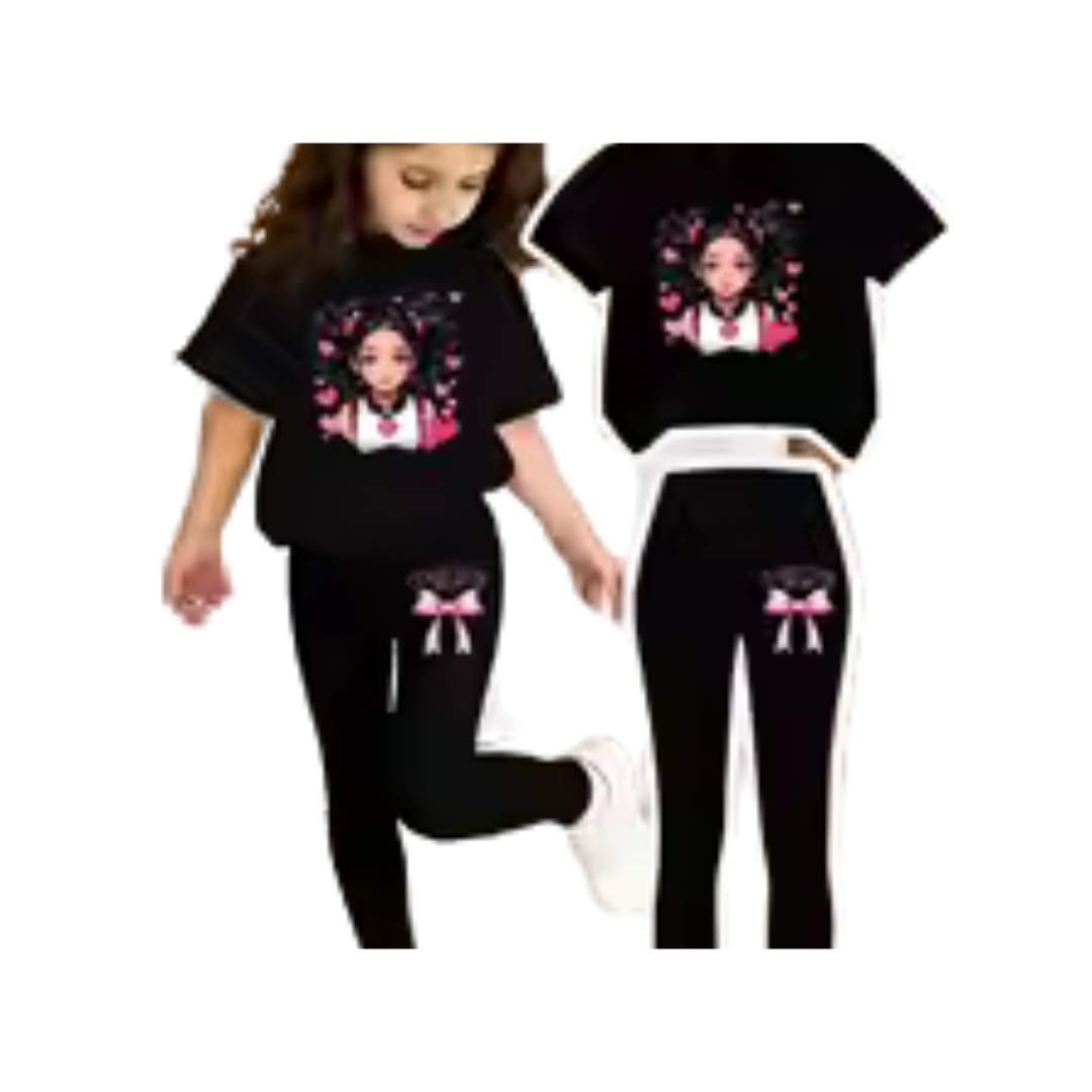 Girls’ Printed Top & Black Leggings Set – Cute 2-Piece Casual Outfit for Kids