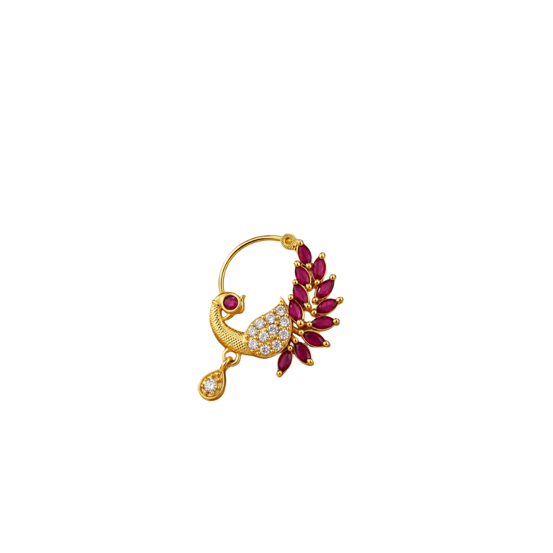 **Luxury Peacock Nose Ring – Elegant Ruby & Gold Maharashtrian Nath for Bridal Look**
