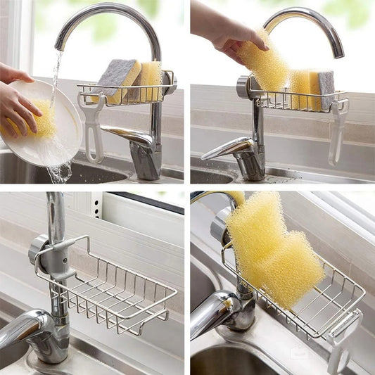 **Stainless Steel Sink Faucet Organizer – Kitchen Sponge Holder, Drain Rack & Soap Holder (Box Packing)**