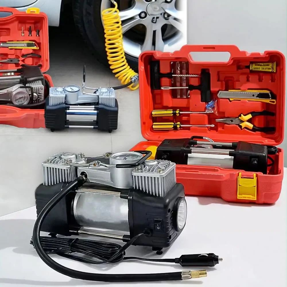 **Imported Double Cylinder 12V Portable Electric Car Air Pump & Tire Repair Kit – Powerful and Convenient for Emergency Use**