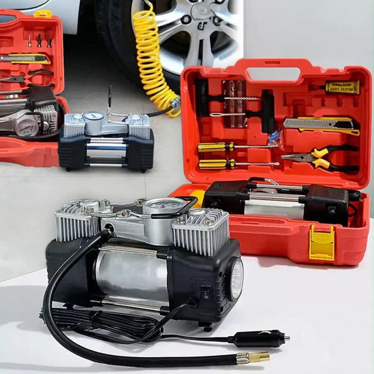 **Imported Double Cylinder 12V Portable Electric Car Air Pump & Tire Repair Kit – Powerful and Convenient for Emergency Use**